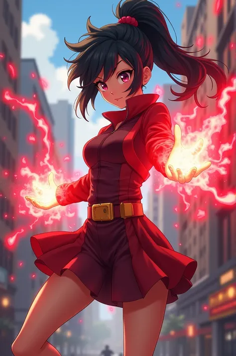 My hero academia style,  full body girl , wearing a short dress to fight ,  with a red aura and her magic channels her into her hands 