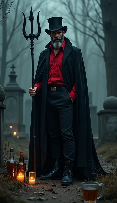 Bearded man with a serious tone ,  with a black cape red shirt ,  black pants and black shoes , a black top hat , Black trident in hand ,  scenery of a cemetery at night in a very dark shade fog with bottles of drink on the floor and a glass with Whiskey a...