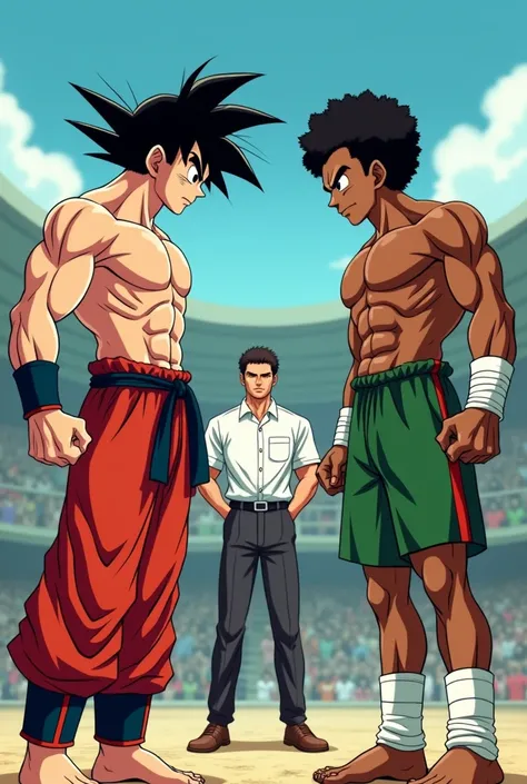 goku (s ) (delgado )  wearing red pants with a black belt  ,  barefoot and shirtless  (without bracelets on their wrists  )  standing in front of a man  (27 years old ) Louder than Goku ,  wearing green shorts with red line  ,  barefoot and shirtless  , li...