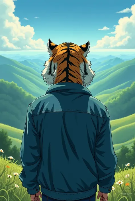 A man with a tigers head and a 30-year-old wine-blue denim jacket watches the horizon from a mountain, hes out in the field..  It is a very pleasant landscape: the man gives off a green aura .  Anime image