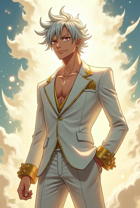  Luffy in Gear 5 wears an impeccable white suit ,  with gold details that highlight its imposing and majestic aura .  possesses. His wavy white hair floats softly ,  radiating an almost divine energy ,  while his red eyes shine brightly ,  filled with dete...