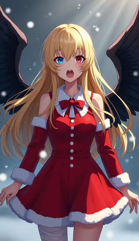 capture of my hero academia, a woman with long blonde hair with blue tips on one side and red on the other side, she is wearing bandages that cover her eyes, she has fangs, she has black wings, a red Santa Claus dress with a red Christmas bow