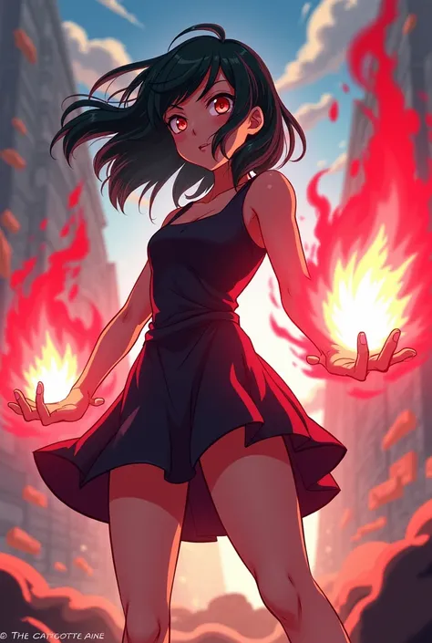 My hero academia style,  full body girl , wearing a short dress to fight ,  with a red aura and her magic channels her into her hands.  loose hair 