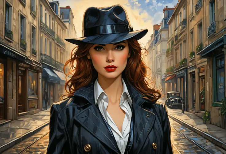 Style (cover art:1.3) of a young woman standing, (solo, portrait), medium shot, (front-view:1.3), (beautiful detailed face), she wearing detective style clothing, comic, {style of Arthur Adams|(style of Leonid Afremov:1.1)|style of Jay Anacleto}, set in Fr...