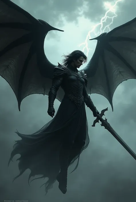 Black-haired male angel with bat wings holding a sword with his right hand 