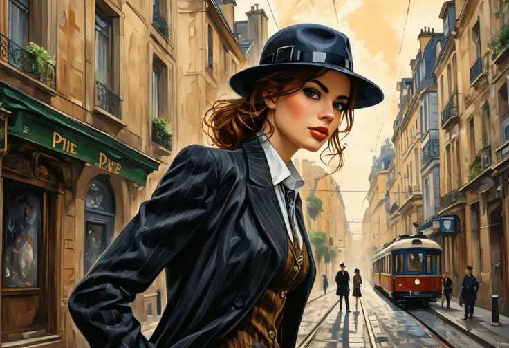 Style (cover art:1.3) of a young woman standing, (solo, portrait), medium shot, (front-view:1.3), (beautiful detailed face), she wearing detective style clothing, comic, {style of Arthur Adams|(style of Leonid Afremov:1.1)|style of Jay Anacleto}, set in Fr...