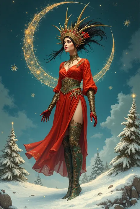 Christmas heroine in the art styles of Salvador Dali, Frank Frazetta and Jean-Michel Basquiat, christmas colors with elements of a winter wonderland in the background

