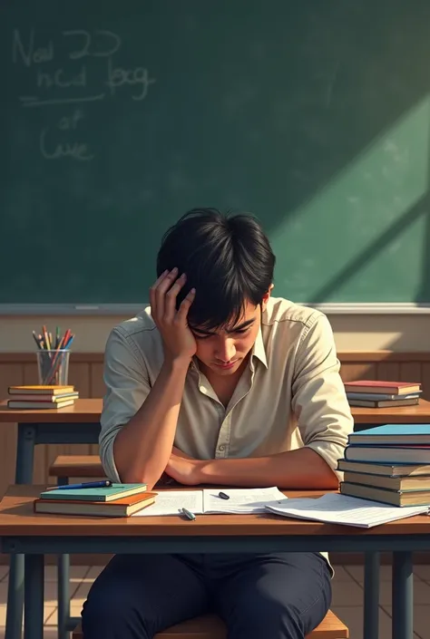 A realistic illustration of a 25-year-old North Indian male student sitting at a desk in a classroom, deeply stressed while studying. The young man has short, slightly messy black hair and is wearing a light-colored shirt and dark trousers, typical of Nort...