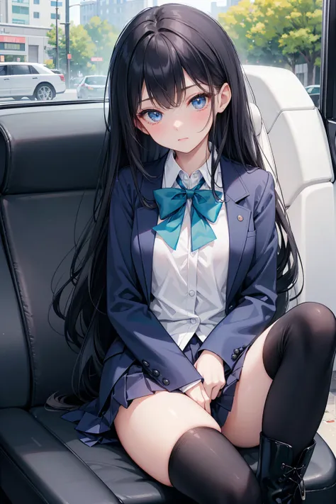 high school student ， Has long, dark hair ， with warm blue eyes ， Wore a fresh blue suit and black boots ， pure white collar and bright green bow 。 has long dark hair and warm blue eyes ， sitting in a car seat ， spread legs