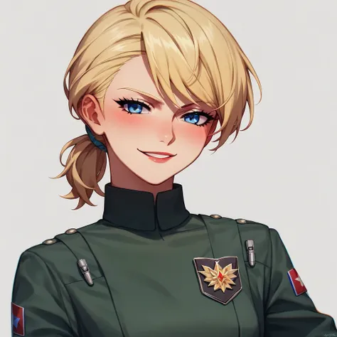 1girl, (( blonde hair, neat ponytail, blue eyes, Imperial officer wearing a azure-green uniform, 6 studded yellow officer plaque, naturally mocha lipstick)), ((smirking, lite blush)), ((anime artstyle, perfect face, perfect body, perfect anatomy, perfect e...