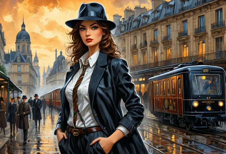 Style (cover art:1.3) of a young woman standing, medium shot, (front-view:1.3), (beautiful detailed face), she wearing detective style clothing, comic, {style of Arthur Adams|(style of Leonid Afremov:1.1)|style of Jay Anacleto}, set in French, train in bac...