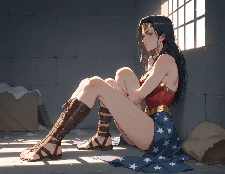 
((full body photo)) Wonder Woman, masterpiece, perfect face, perfect hands, high quality, 1 girl, Alone, dominatrix, feathers, tied ankles, tied arms, focus full body, knee high leather flats, bound and gagged, intricate details, cinematic lighting, amazi...