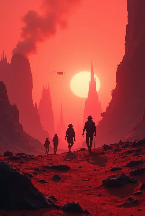 A red planet. A science-fiction movie scene with vibrant lighting and a surreal atmosphere.