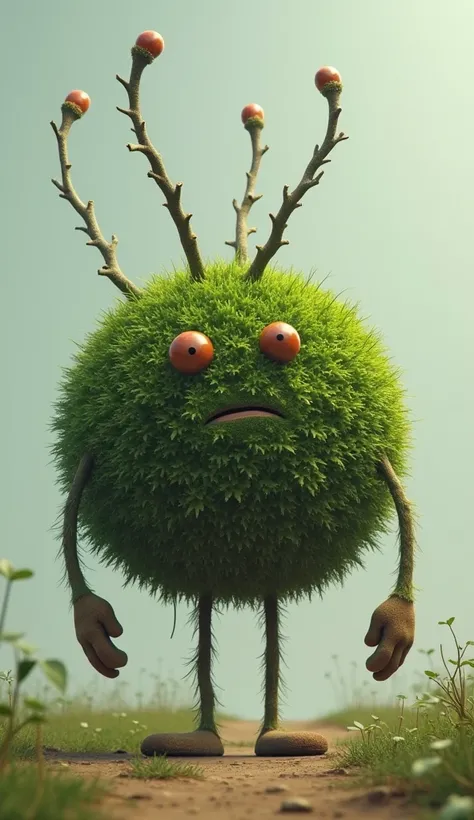 A bush with 5 antennas on its head,No eyes, round with two fingers stand on the way 