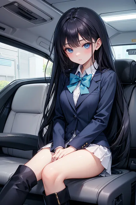 high school student ， Has long, dark hair ， with warm blue eyes ， Wore a fresh blue suit and black boots ， pure white collar and bright green bow 。 has long dark hair and warm blue eyes ， sitting in a car seat ， spread legs