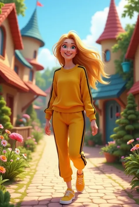 a blonde woman wearing a bright yellow long-sleeve shirt with black stripe and matching sweatpants and a pair of yellow sneakers walking in disney style 