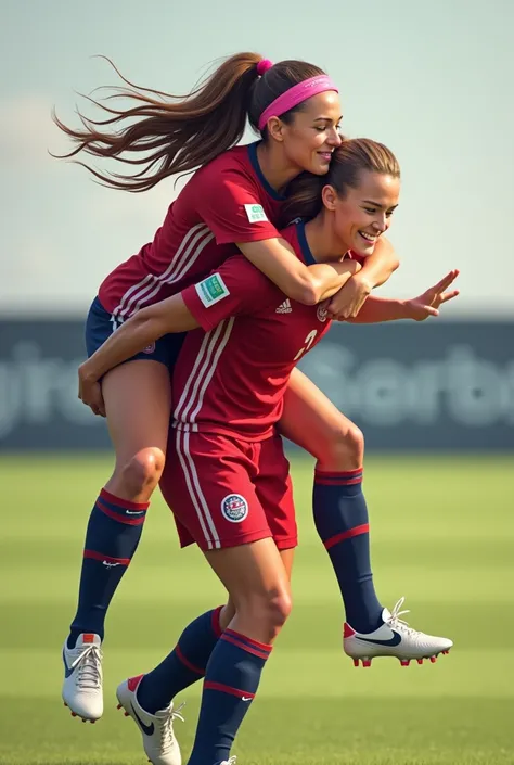 Alex Morgan long brown hair Caucasian with pink headband getting a piggyback ride from Megan rapinoe short blonde hair only covering top of the head.