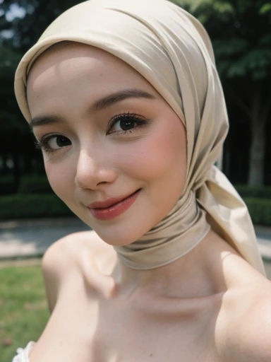 Malay hijab women wearing sexy satin nude color strapless bra and panties, portrait photography, 35 years old, mid shot photo, ultra detail, professional photograph with professional lighting, smile, at the outdoor garden background, sexy seducing pose, cu...