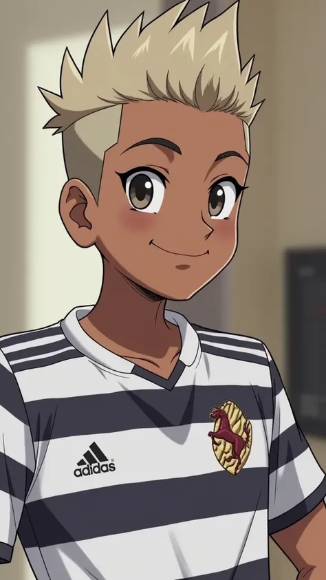  An anime teenager boy with a fade hairsyle and a dark brown skin looking at the camera smiling and has wear a shirt with black and white strip with a logo of horse 