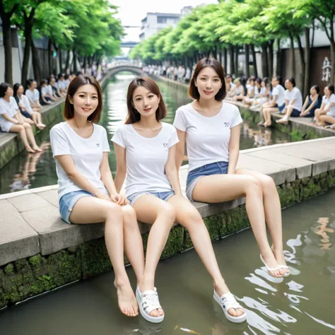 One Japanese woman, one Korean woman, 18, in a T-shirt, white, thin, not wearing a bra, big breasts, seeing tits, sitting barefoot in a canal, a lot of people