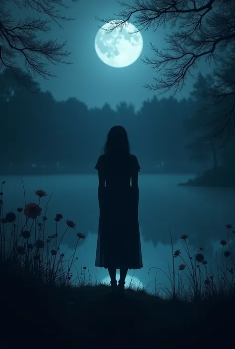 Blue and black image of the shadow of a young woman standing in the middle of a park at night with water and wilted flowers