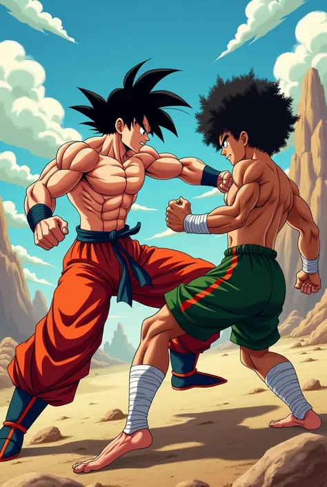 goku (s ) (delgado )  wearing red pants with a black belt  ,  barefoot and shirtless  (without bracelets on their wrists  ) Fighting a man (27 years old ) Louder than Goku ,  wearing green shorts with red line ,  barefoot and shirtless  , light brown skin ...