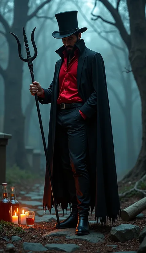 man,  with a long black cape red shirt ,  black pants and black shoes , a black top hat , Black trident in hand ,  scene of a cemetery at night with bottles of drink on the floor and a glass with Whiskey and candles on the floor. very dark environment,  Go...