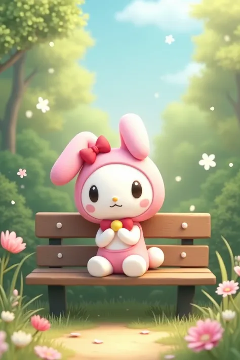 My Melody sitting on a bench 