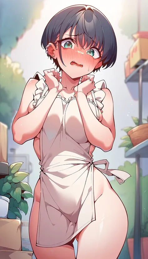 short hair, black hair, green eyes, blue eyes, ear piercing, Breasts, posing embarrassed, red face, embarrassed, posing embarrassed, red face, Suspender Naked Apron 