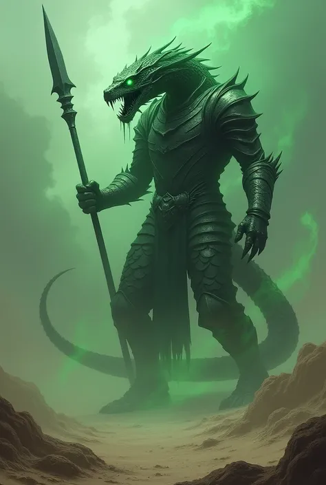 A sinister hybrid of a snake and a knight, towering over a barren, windswept wasteland beneath an ominous, dark sky. The creature has a coiled lower body like a giant snake, covered in shining, scale-like armor, and a humanoid upper body like a knight clad...