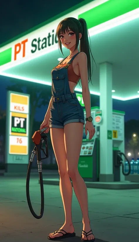   A tall, cheerful young Thai woman stands in front of a gas station at night. She holds a fuel nozzle in one hand and smiles brightly. Her hair is tied up in a neat ponytail. She is wearing very short overalls and no underwear. She has flat sandals and a ...