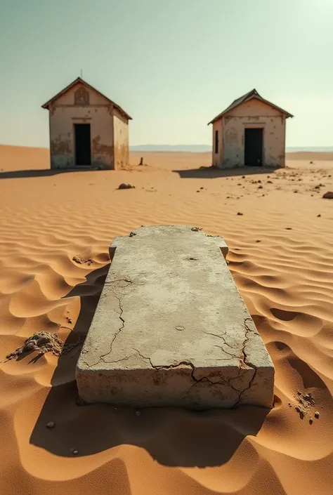 A picture of a grave in desert in horizontal position add two old house in picture 