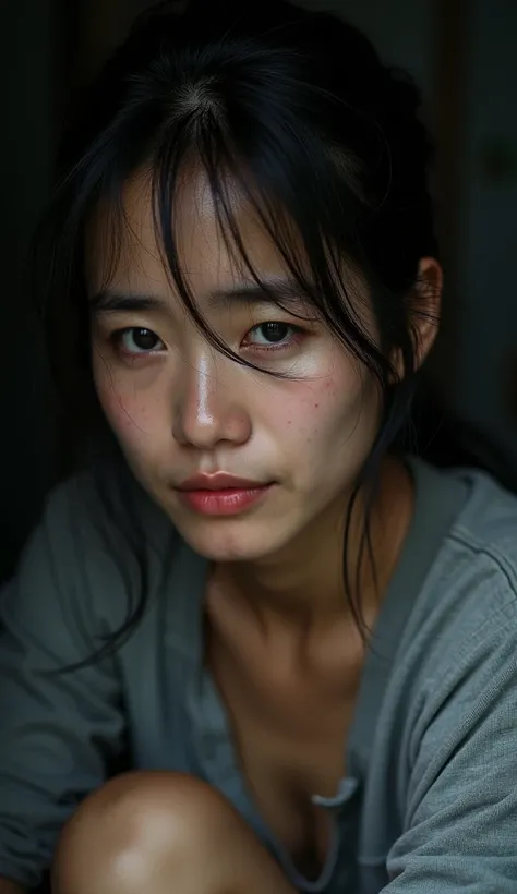 Close-up of a 30-year-old Vietnamese woman, wearing a gray shirt, messy hair, a sad, absent-minded face, crying, sitting huddled in a small, dark room.