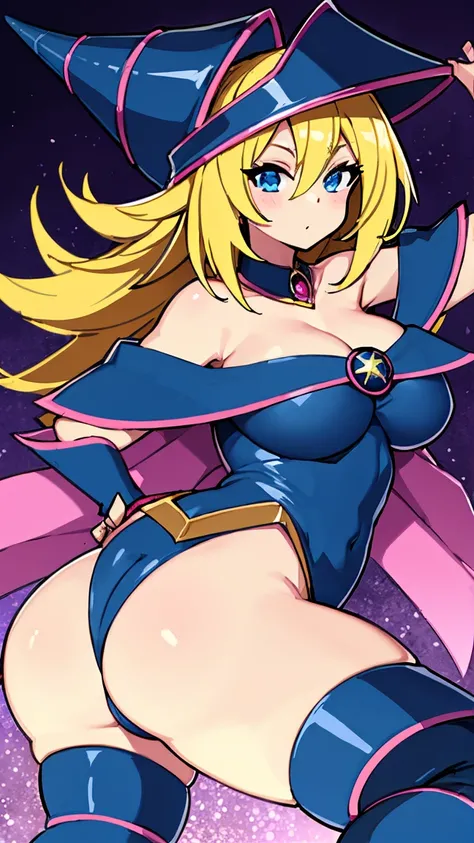 The black magician girl 、 super breasts 、 thick thighs、 blonde hair、 Magic Rim、 magic wand、The black magician girl のブーツを履く、Leotard that digs into the butt、