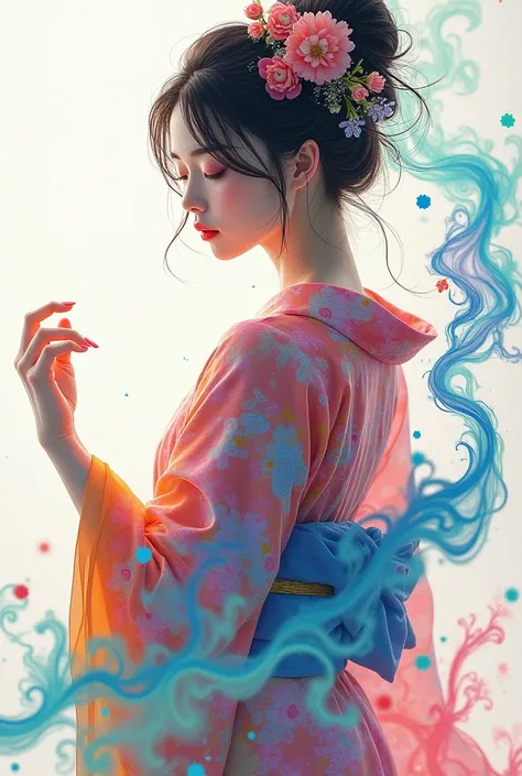  Beautiful Milky Glass Body、Cute and beautiful Japanese womans design 、 colorful paint from the atmosphere converges on women and converges into the shape of kimonos and hair、Colourful paint swirling through the atmosphere、 watch the viewer 、White backgrou...