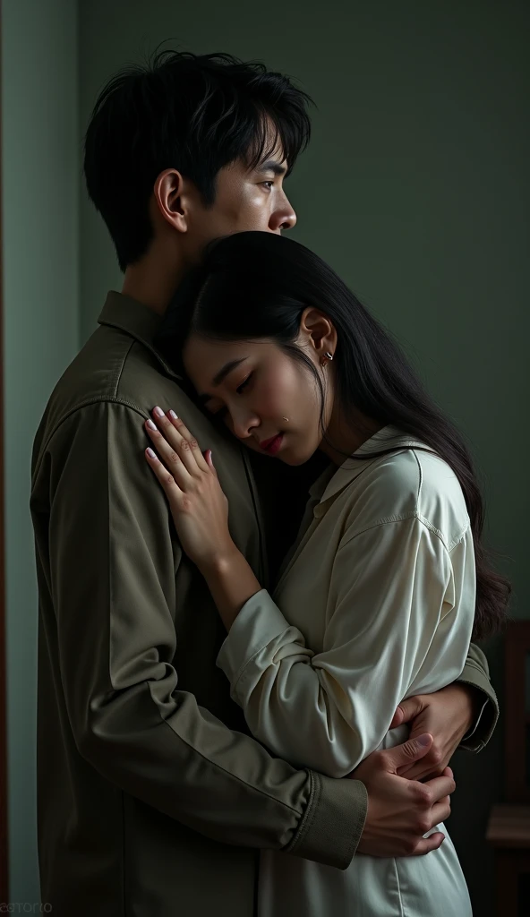 Close up of a 30 year old Vietnamese man with a sad expression, a 30 year old Vietnamese woman crying, in a small dark room, the man is hugging the woman