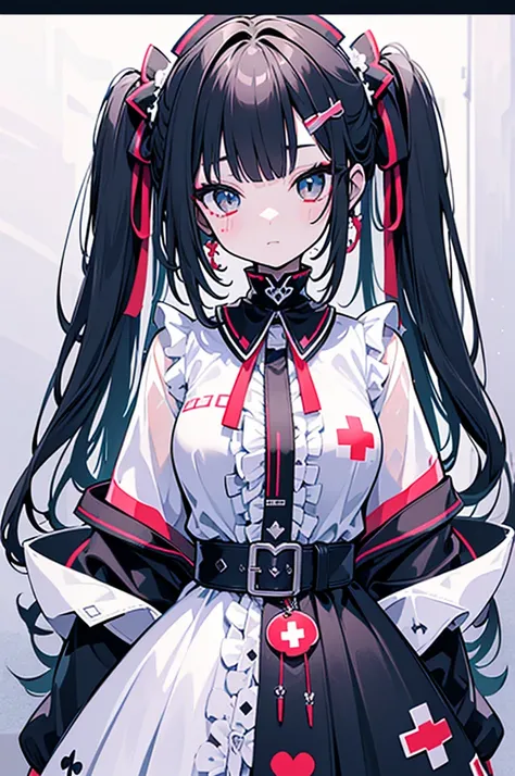 1girl， pretty face、Baby Face、((( Best Details 、 Dynamic Best Composition 、 best quality、 greatest masterpiece、 super detailed、 high definition)))、Goth Nurse Uniform，Very complex， exquisite，Shift dress，frills，ribbon，bandage， nurse style，A giant syringe ，Red...