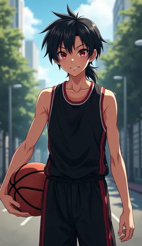 Boy,  black hair, dark red eyes, strong body,  mischievous smile, black , basketball player outfit [[[ high quality ]]][[[tall details ]]] Ultra HD,  high resolution,  anime style , in the city, short mullet with parted bangs, anime, strong boy, teen 