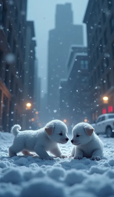 3d puppy,Cold,Heavy snow ，City,architecture,In the middle of the night 、Puppies are born , many puppies，Very sad ，Very useless ， frozen into ice，Detailed Realistic ， Best Quality 