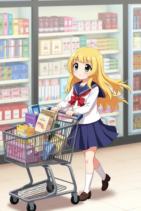  anime girl pushes the shopping cart in front of the stationery store, There are many products in the shopping cart 
（Girl with long blonde hair，cute，JK sailor suit，long sleeve school uniform， white top，Midi Skirt， red bow tie ，jkshoe，小皮shoe，shoe，Japanese ...