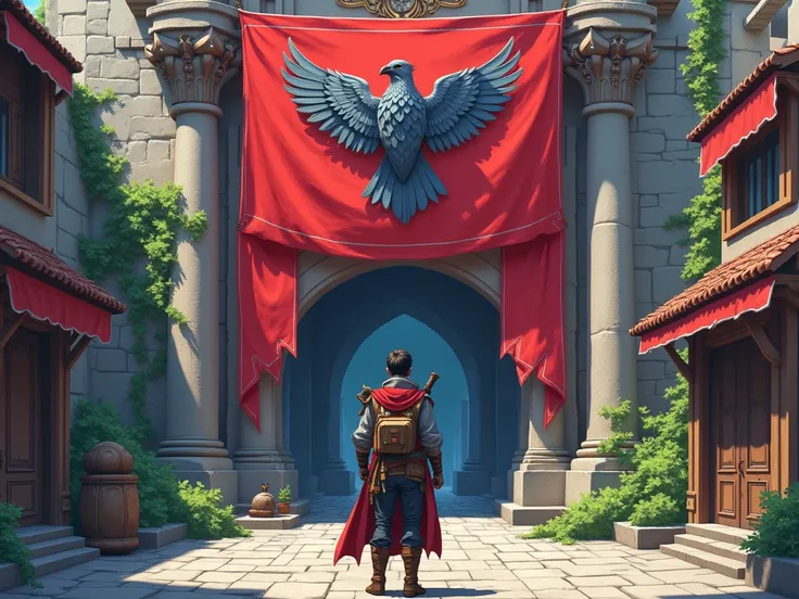 anime, Old fantasy city , Adventurers Guild entrance ,  red banner with gray crows.