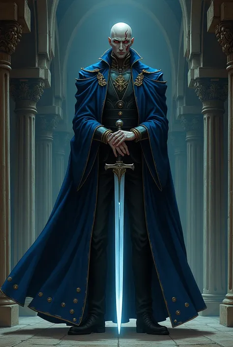 in Ayami Kojima anime style, Isaac from the Castlevania anime, a tall, bald man, with dark skin, with a glowing dagger, blue clothing with gold trim, and a scar on his face, gothic, medieval, soft lighting, very detailed, wide shot