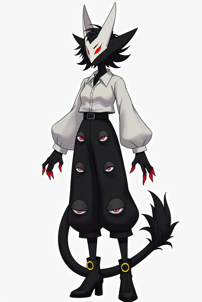 A 95" tall (287cm) female with a slender, somewhat demonic build, covered in short, soft, pitch-black fur. Her black, spiky hair frames a face mostly hidden by a sharp, angular white mask with backward-curving horns. Only her glowing bright red left eye, f...