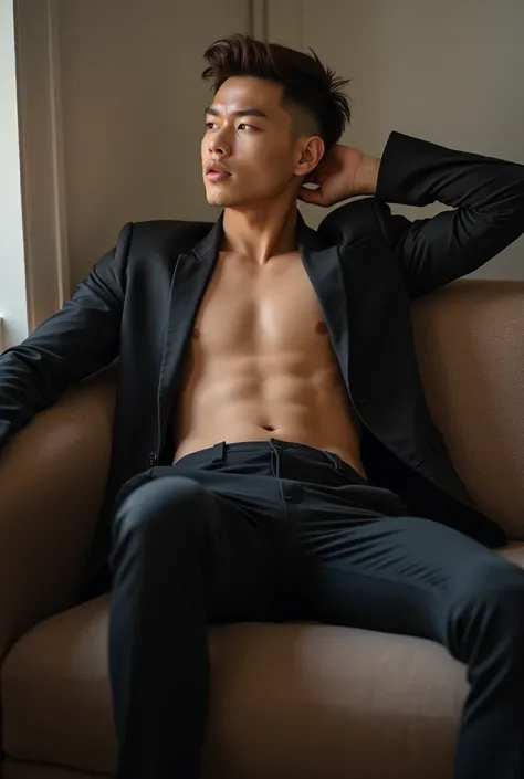 high resolution, masterpiece,  Best Quality,  high detail ,  very detailed ,  Ultra HD, brown short undercut hair, asian man, wear very tight suit pants but shirtless, in manager room, sitting on a sofa, full body including legs and shoes, twink, big butt,...