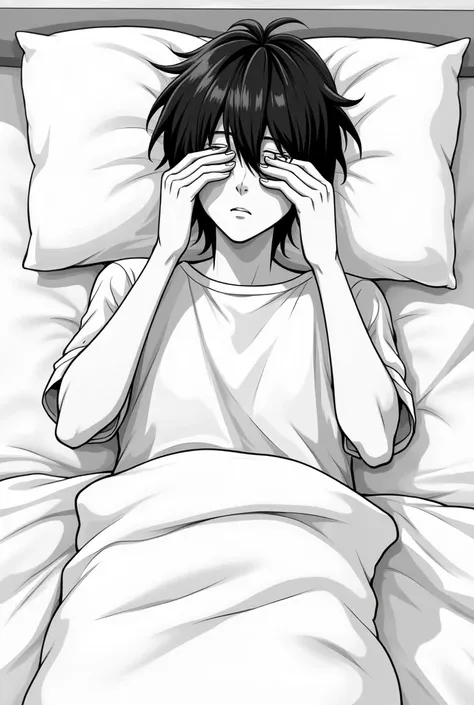 A teenage man with medium-length hair who covers his eyes with half-length hair tucked into his bed,  with your cell phone turned on at the same time as a notification on the cell phone.
This should be done in black and white manga type.
Perspective from a...