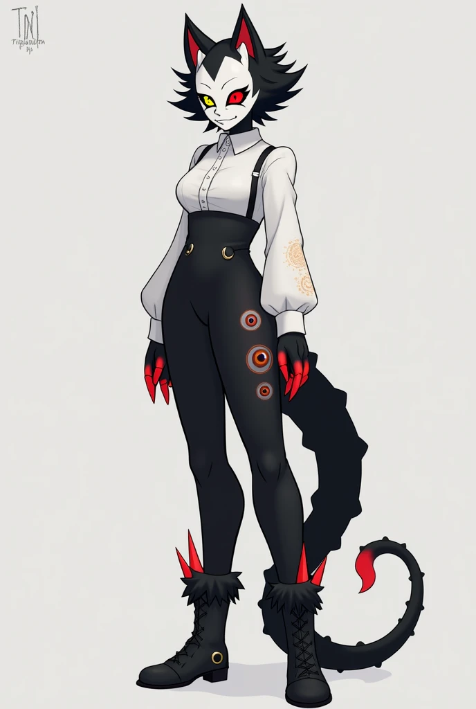 A 95" tall (287cm) female with a slender, somewhat demonic build, covered in short, soft, pitch-black fur. Her black, spiky hair frames a face mostly hidden by a sharp, angular white mask with backward-curving horns. Only her glowing bright red left eye, f...