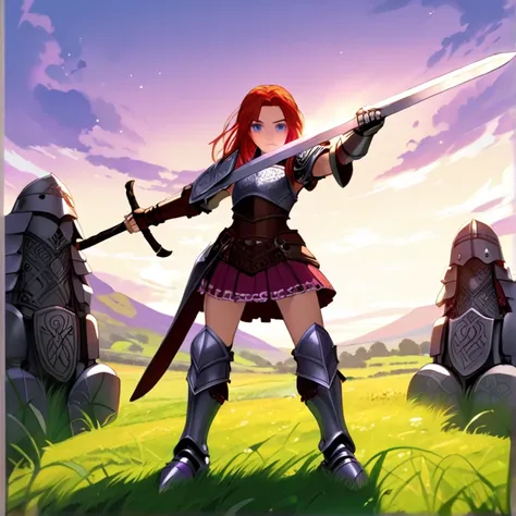 Masterpiece, HD, High Resolution, Best Quality, High Quality, High Details, Super Detailed. High fantasy genre, fantasy artwork. Solo character alone. “Warcraft styled aesthetic”.
{{(A 14-years-old scarlet-red-haired barbarian girl warrior:(appearance: fai...