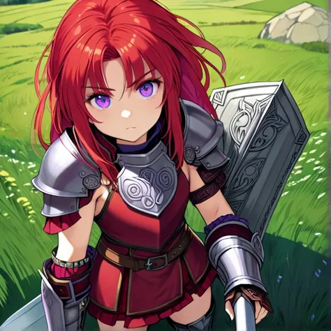 Masterpiece, HD, High Resolution, Best Quality, High Quality, High Details, Super Detailed. High fantasy genre, fantasy artwork. Solo character alone. “Warcraft styled aesthetic”.
{{(A 14-years-old scarlet-red-haired barbarian girl warrior:(appearance: fai...