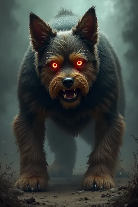 A giant Yorkshire terrier 
Muscular with fiery eyes, very scary