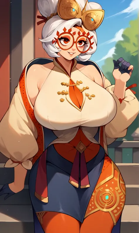 score_9, score_8_up, score_7_up, score_6_up, score_5_up, score_4_up, (source_anime), purah, 1girl, huge breasts, narrow waist, thick thighs, hair ornament, red headband, red glasses, sleeveless shirt, white coat, black skirt, red leggings, gloves, high hee...